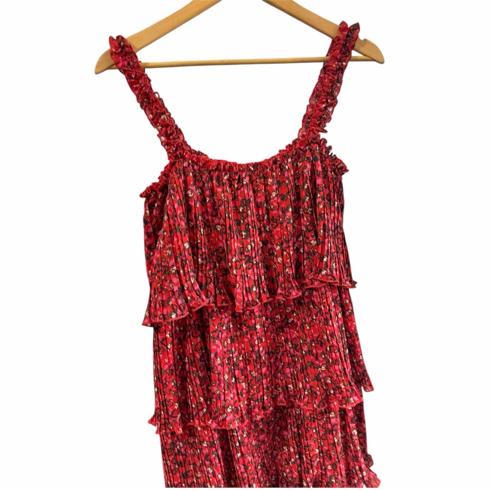 GANNI Pleated Raffled Georgette Flounce Strap, Red Floral Midi Dress Size 36 (S) - Picture 4 of 10